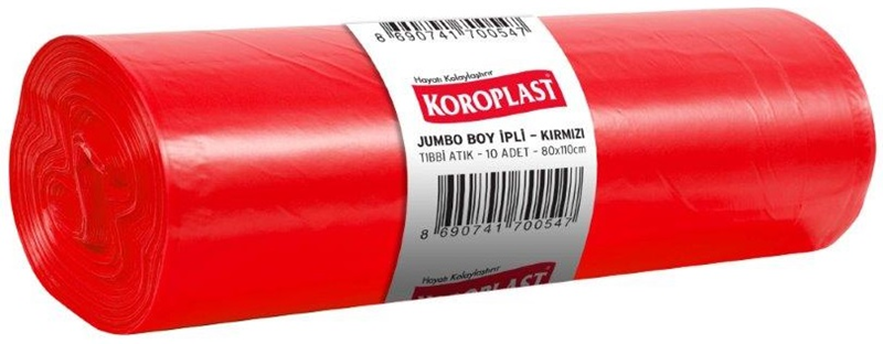 Koroplast Çöp Torbası Jumbo 80x110 – Tıbbi Atık Kırmızı (10’lu Paket – 100 Micron)