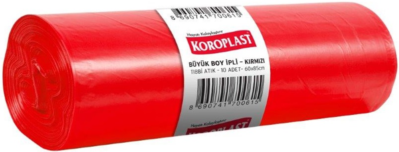Koroplast Çöp Torbası Büyük 60x85 – Tıbbi Atık Kırmızı (10’lu Paket – 100 Micron)
