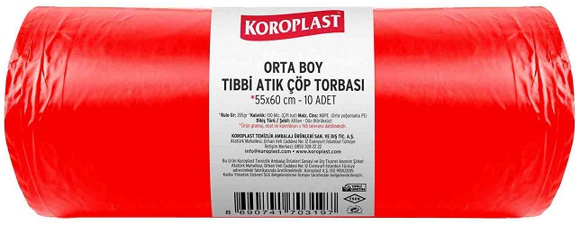 Koroplast Çöp Torbası Orta 55x60 – Tıbbi Atık Baskılı (10’lu Paket – 100 Micron)