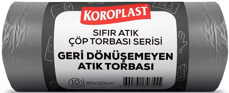 Koroplast Çöp Torbası Sıfır Atık – Geri Dönüşemeyen Atıklar Koyu Gri Jumbo 80x110 (440 gr – 10’lu – 27 Micron)