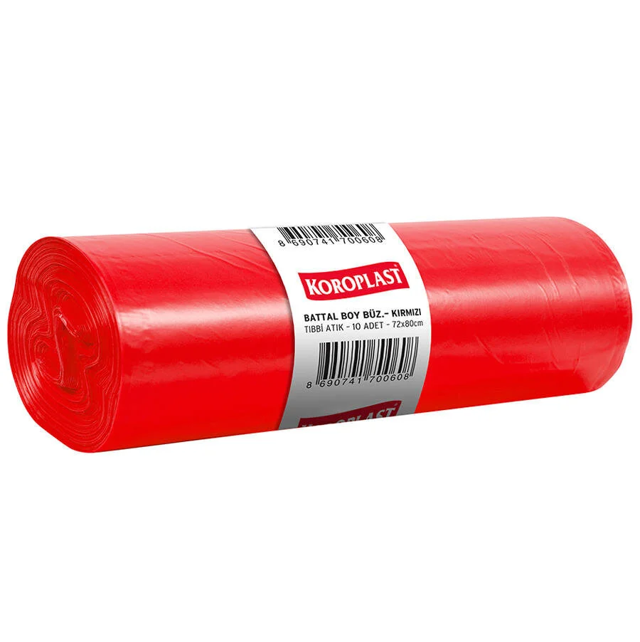 Koroplast Çöp Torbası Battal 72x80 – Tıbbi Atık Kırmızı Büzgülü (10’lu Paket – 100 Micron)